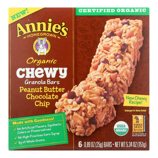 Annies Homegrown Granola Bars Organic Chewy Peanut Butter Chocolate Chip 5.34 Oz Pack of 12