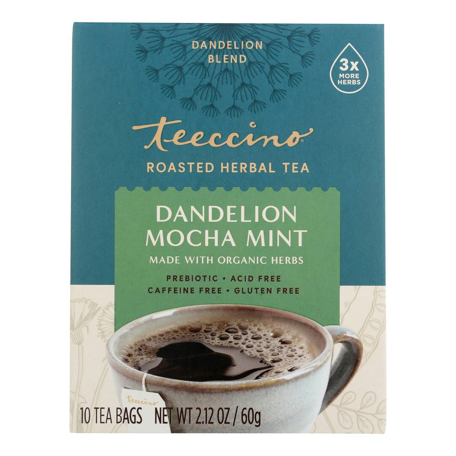 Teeccino Dandelion Mocha Mint Gluten Free Chicory Herbal Tea 10 Ct Pack of 6