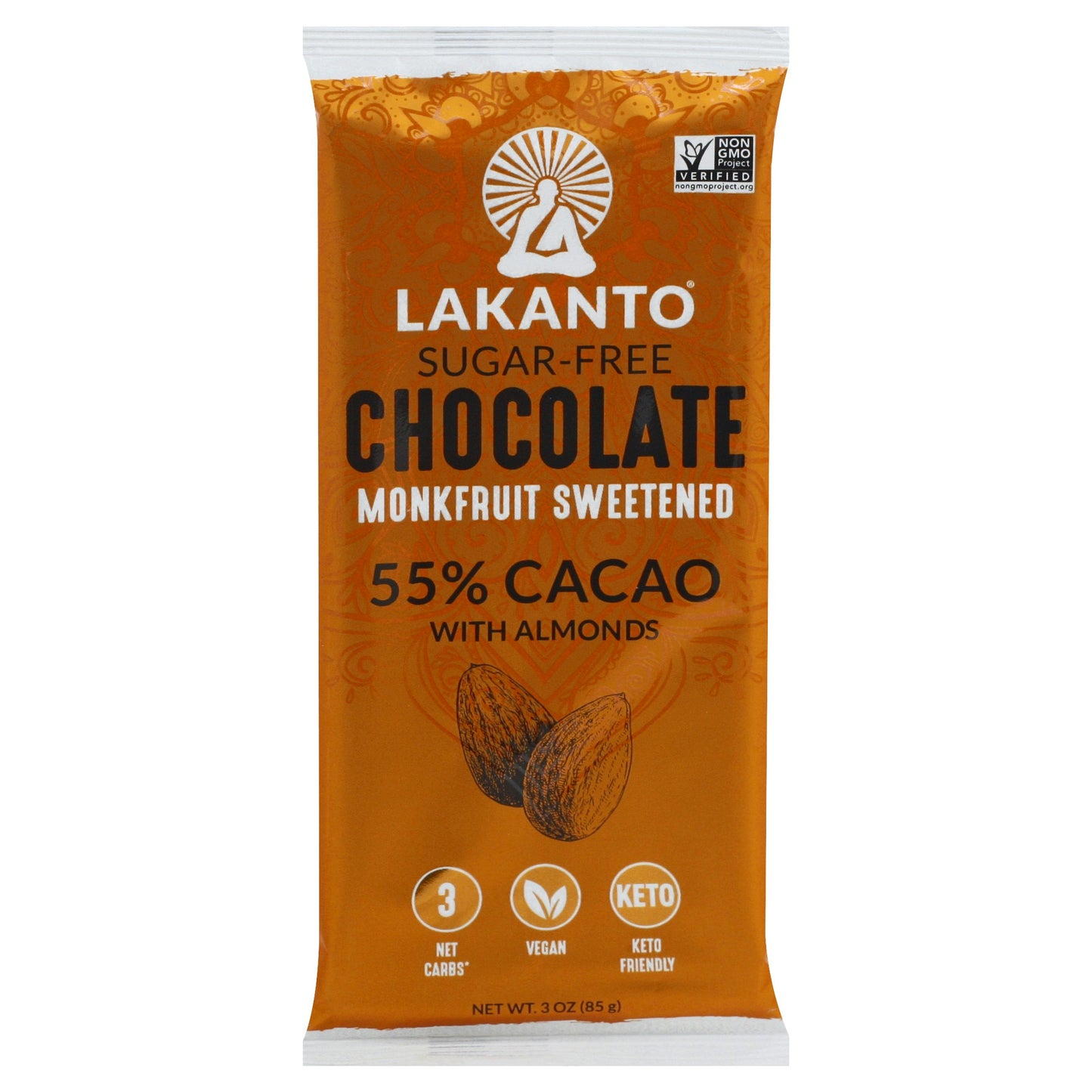 Lakanto Chocolate Bar 55% Almond Gluten Free Sugar 3 oz (Pack of 8)