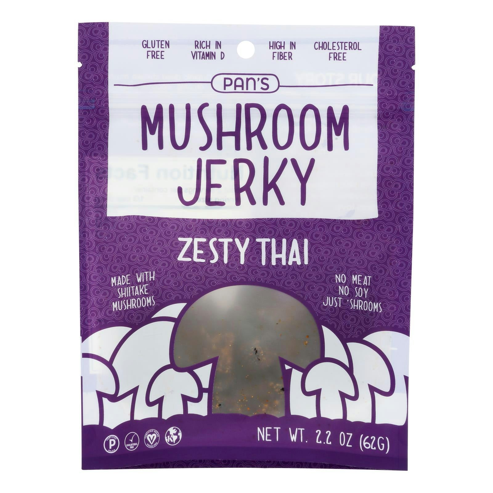 Bags Pan's Mushroom Jerky Zesty Thai Gluten Free 2.2 oz Bags (Pack of 6)