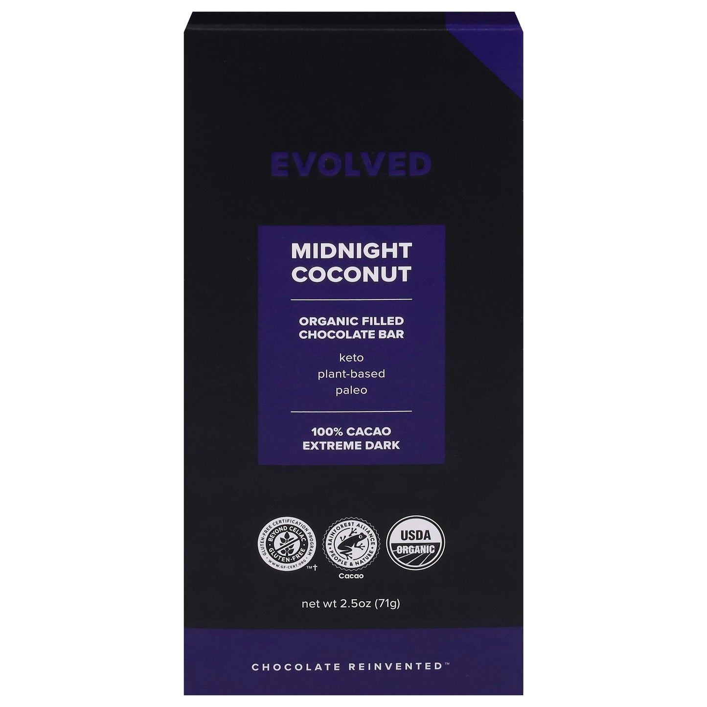 Evolved Chocolate Bar Chocolate Midnight Coconut 100% 2.3 Oz (Pack of 8)