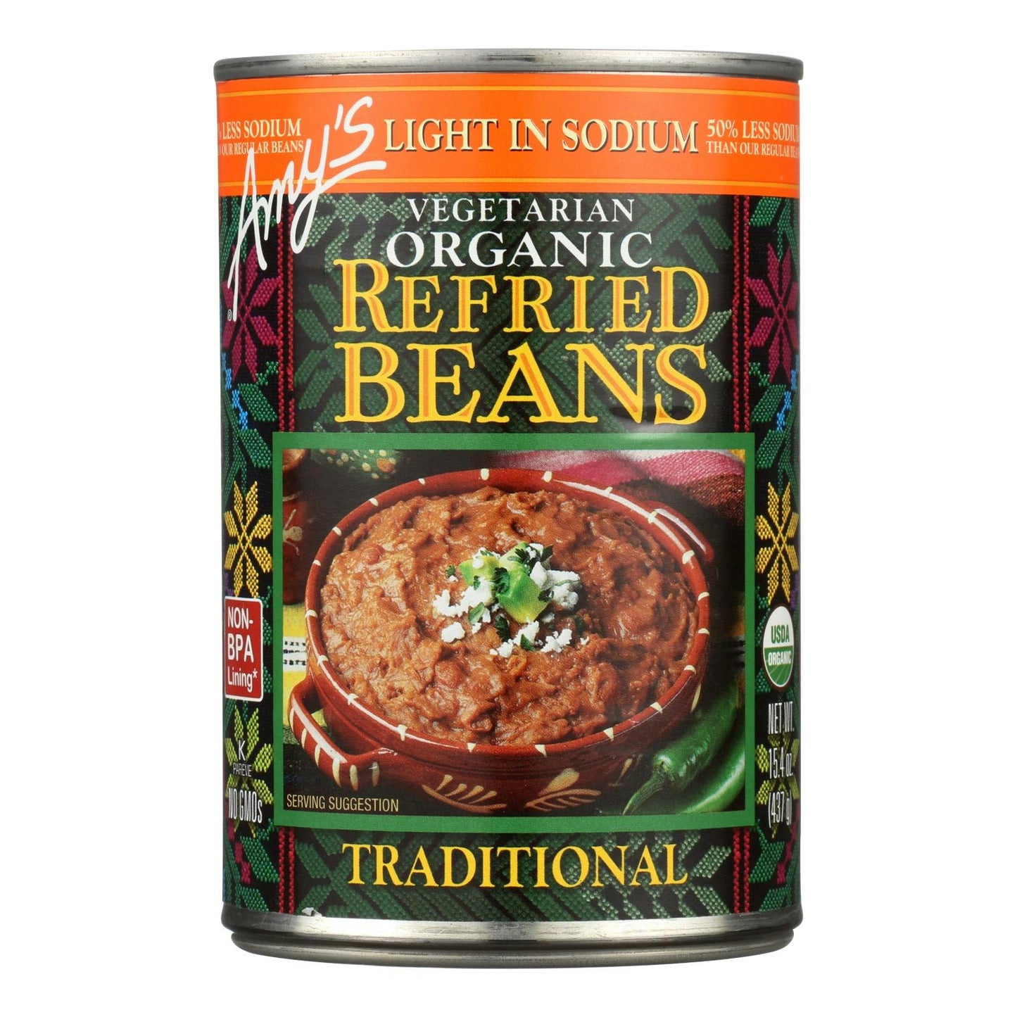 Amys Bean Refried Light Sodium Traditional Gluten Free 15.4 oz (Pack of 12)