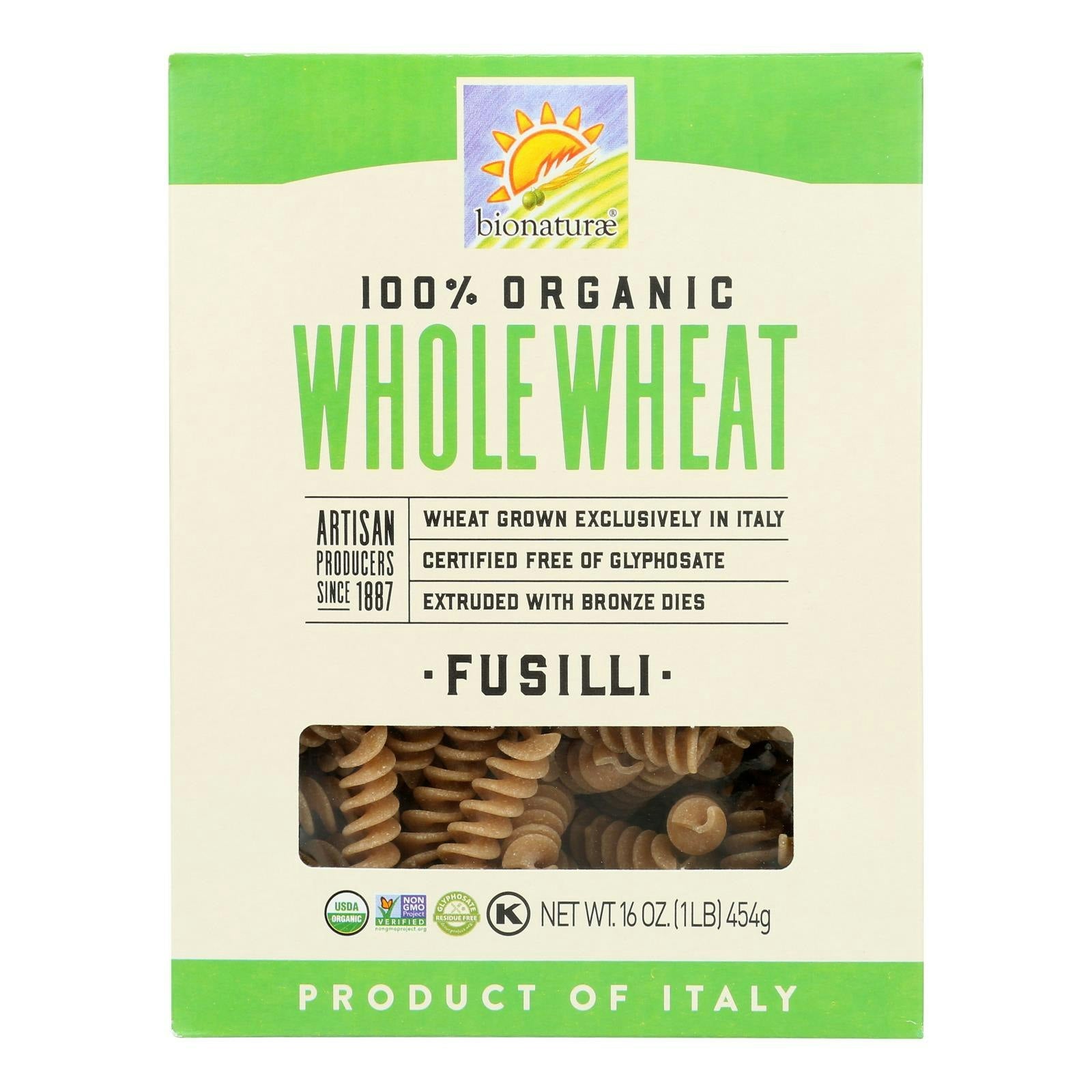 Bionaturae Pasta - Organic - 100 Percent Whole Wheat - Fusilli - 16 oz (Pack of 12)