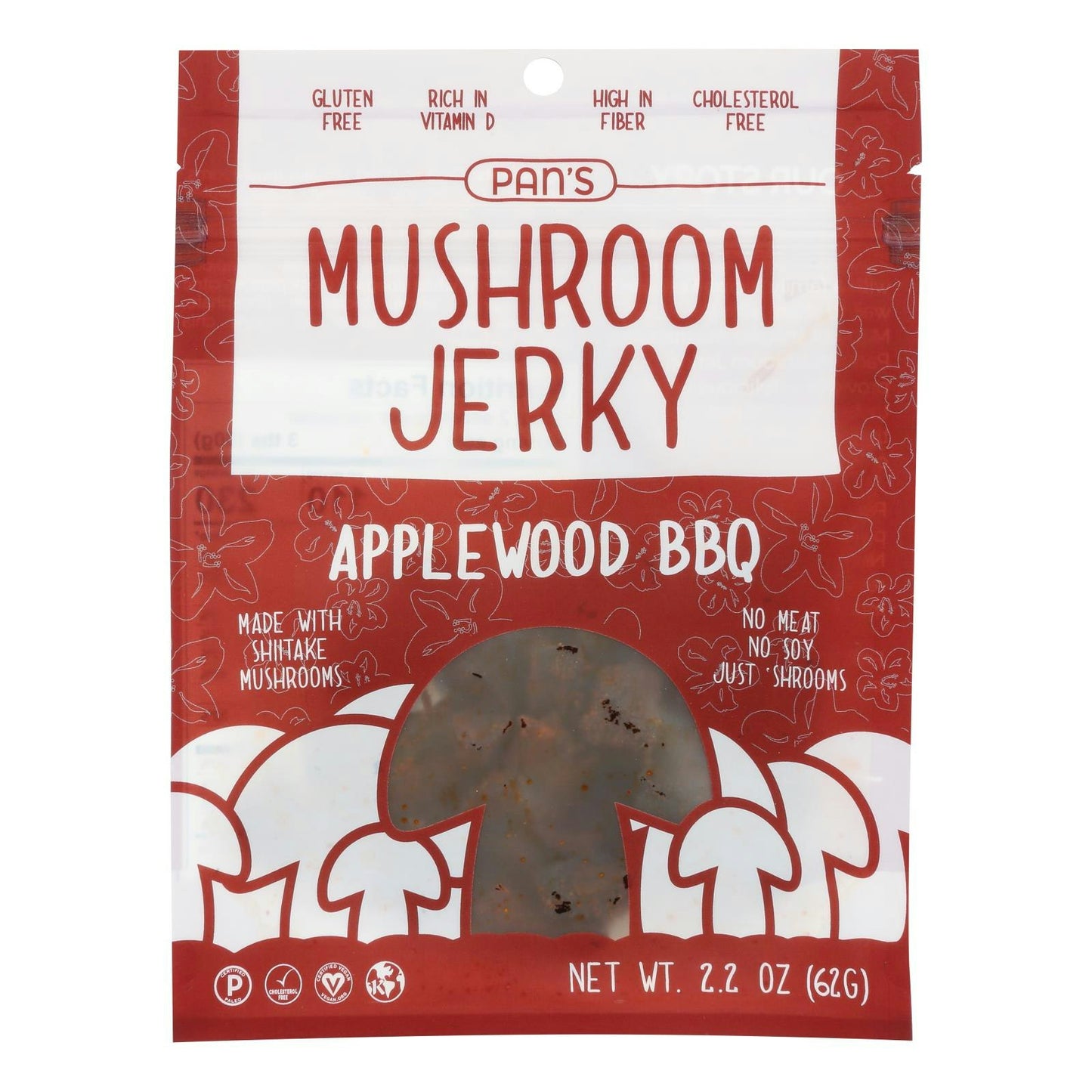 Pan's Mushroom Jerky Applewood BBQ Gluten Free - 2.2 oz (Pack of 6)